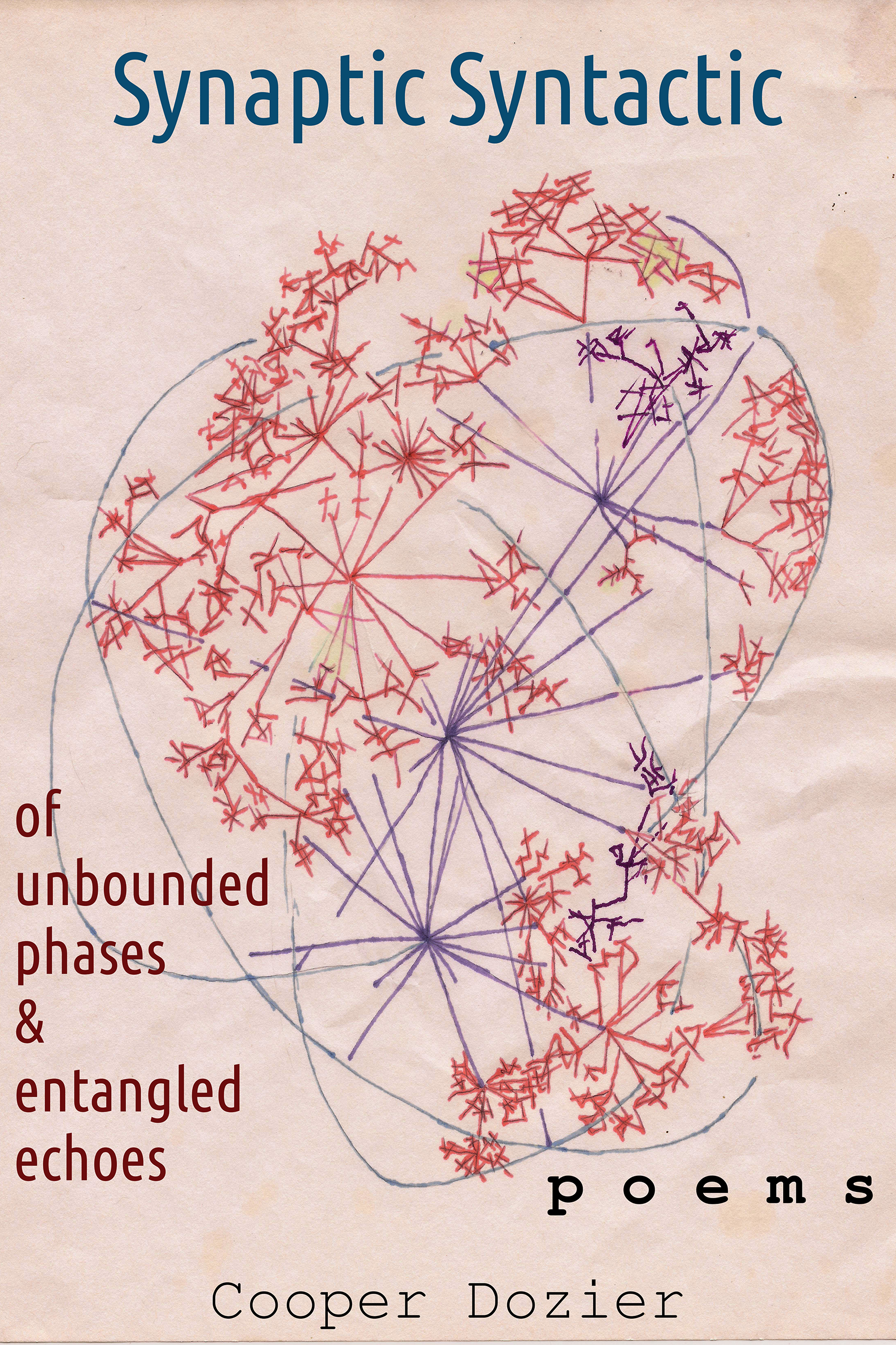 Cover design with network diagram or neural network like line drawing saying 'Synaptic Syntactic: of unbounded phases and entangled echoes - Cooper Dozier - poems'
